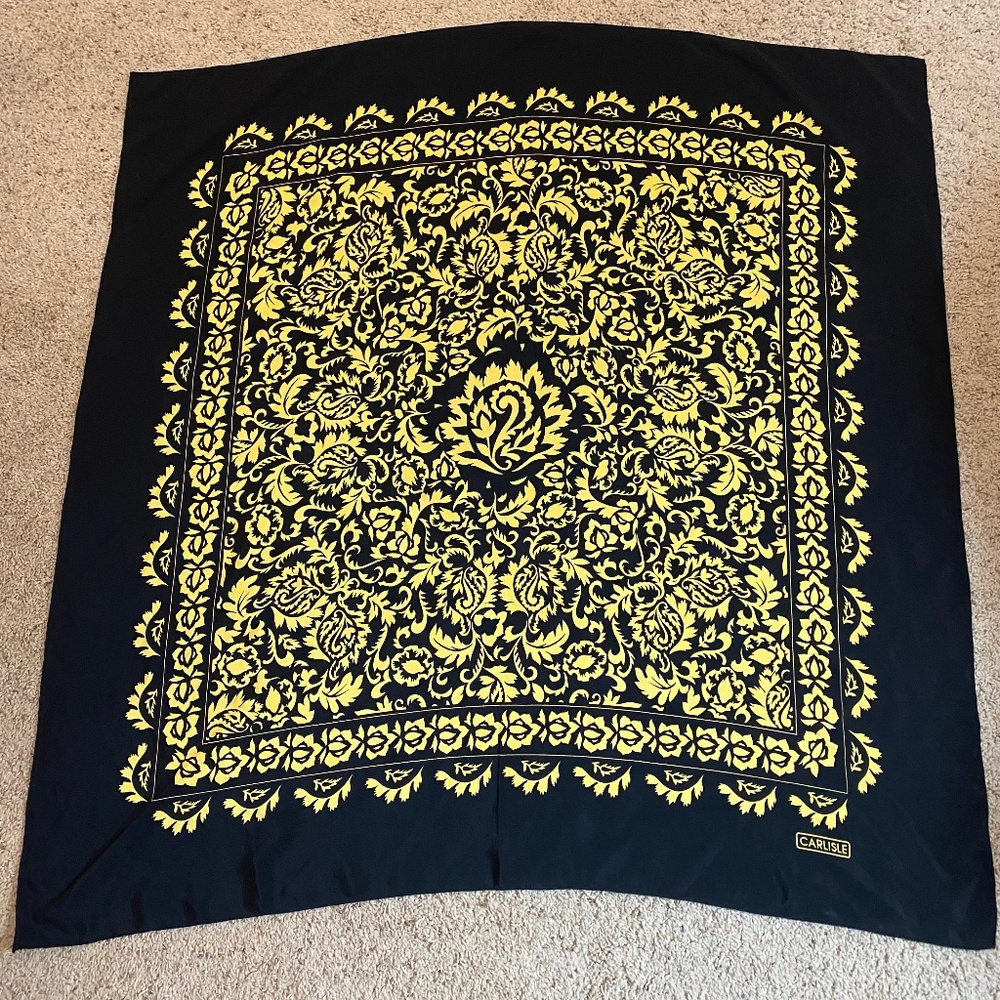 Vintage Large Carlisle Yellow and Black Silk Scarf